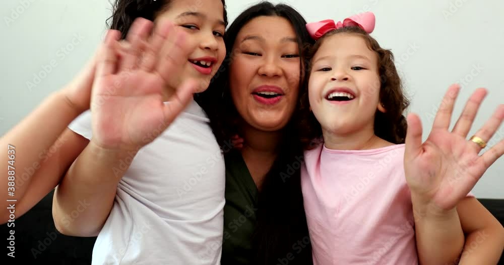 Mother and children waving goodbye with hands Mother and children waving goodbye with hands