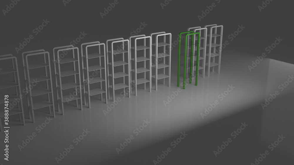 Empty retail shelves, copy space illustration, original design 3d rendering Empty retail shelves, copy space illustration, original design 3d rendering