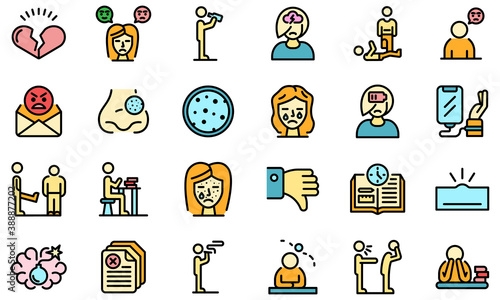 Teen problems icons set. Outline set of teen problems vector icons thin line color flat on white