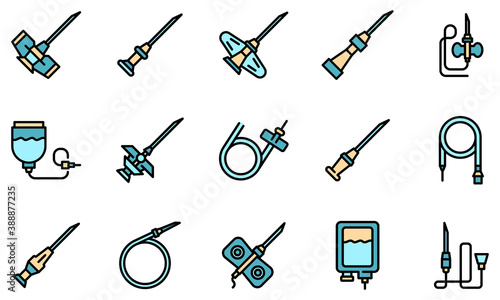 Catheter icons set. Outline set of catheter vector icons thin line color flat on white