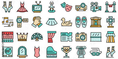 Ballet icons set. Outline set of ballet vector icons thin line color flat on white
