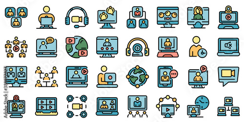 Online meeting icons set. Outline set of online meeting vector icons thin line color flat on white