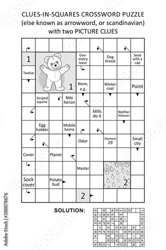 Clues-in-squares crossword puzzle, or arrow word puzzle, else arrowword, scandinavian, or scanword, skanword, with picture clues. General knowledge, non-themed, family friendly. Solution included.
 photo