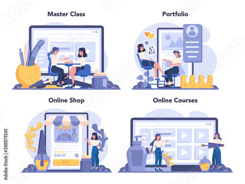 Manicurist online service or platform set. Beauty salon worker.