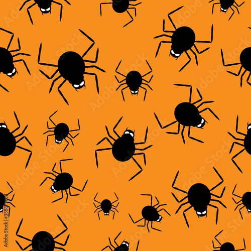Pattern with spiders, vector design, halloween orange background