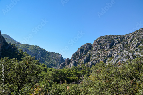 Panoramic view to the rocky mountain range on the Lycian Way, famous tourist pathway in Turkey