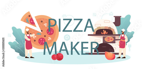 Pizza maker typographic header. Chef cooking tasty delicious pizza. Italian