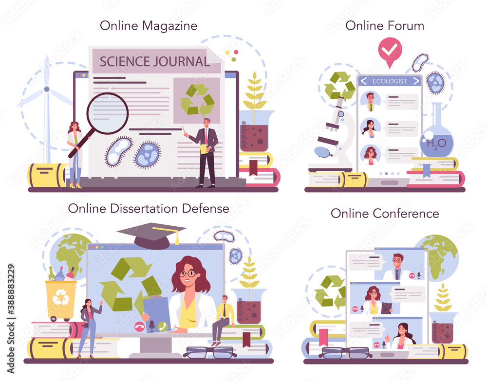 Ecologist online service or platform set. Scientist taking care of nature