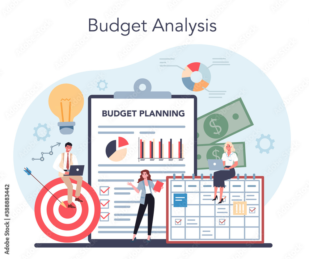 Financial analyst or consultant. Budget analysis. Business character Financial analyst or consultant. Budget analysis. Business character
