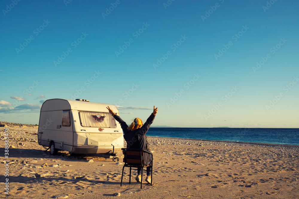 House on the wheels Camper van on the seaside, travel in vacation
