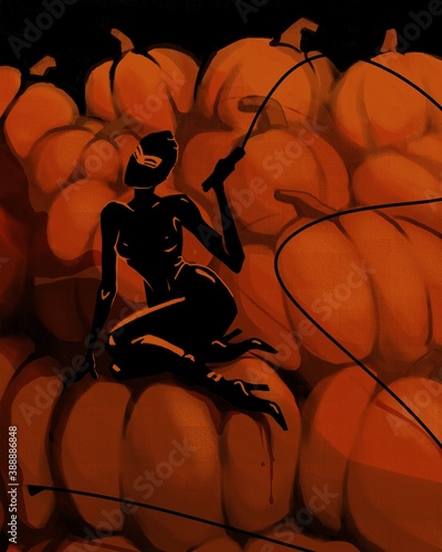 Halloween. A woman in a Halloween outfit sits on a large pile of pumpkins. photo