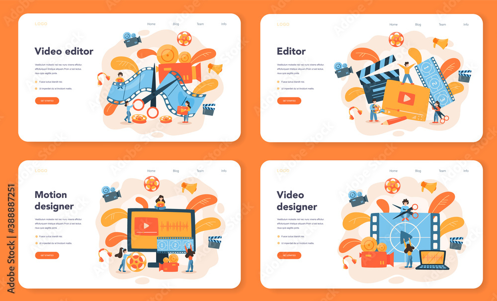 Video editor or designer web banner or landing page set. Artist create
