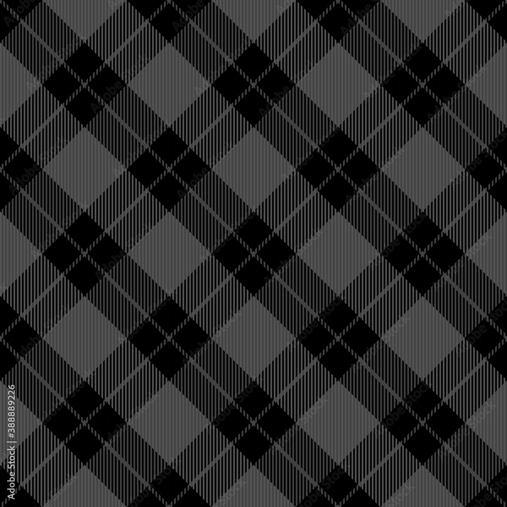 Diagonal tartan Halloween plaid. Scottish pattern in gray and black cage. Scottish cage. Traditional Scottish checkered background. Seamless fabric texture. Vector illustration