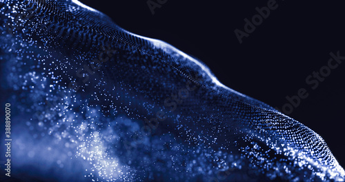 Wave of particles. Data technology abstract futuristic illustration. Low poly shape with connecting dots on dark background. 3D rendering. Big data visualization. Futuristic blue dots background