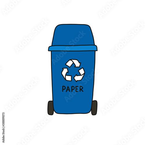 recycle garbage can, paper doodle icon, vector color illustration