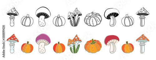 Pumpkins and mushrooms on a white background. Vector illustration. Autumn set of icons. Halloween. Abstract, hand drawn, decorative pumpkins and mushrooms. Harvest food vegetables mushroom fly agaric