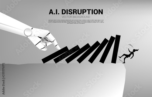 silhouette of businesswoman falling down from the cliff by domino effect from robot hand. Concept for crisis from business disruption