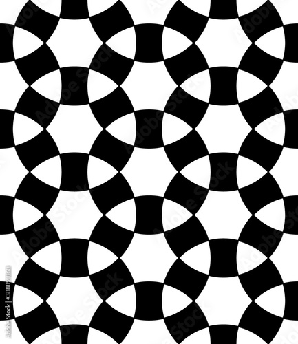 Seamless surface pattern design with ancient oriental ornament. Interlocking blocks tessellation. Repeated white figures on black background. Pavement motif. Flooring image. Ethnic wallpaper. Vector.