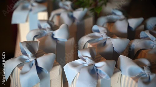 Close-up of small paper boxes with blue ribbon prepared for baptism party celebration, famous bonbonniere gifts with different confetti inside at the banquet table. Thanksful presents for invited