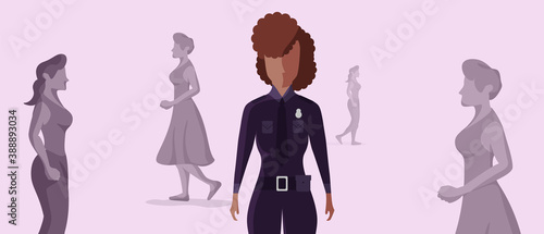 African-American ethnicity woman with police clothing behind silhouettes of women walking. inclusion minorities concept.