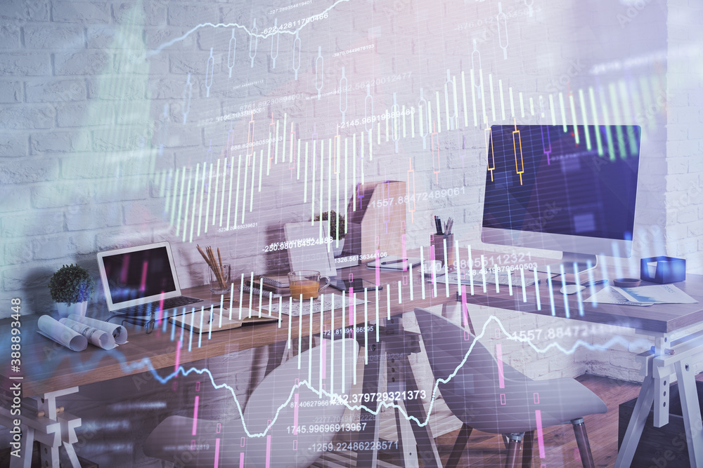 Multi exposure of stock market chart drawing and office interior background. Concept of financial analysis. Multi exposure of stock market chart drawing and office interior background. Concept of financial analysis.