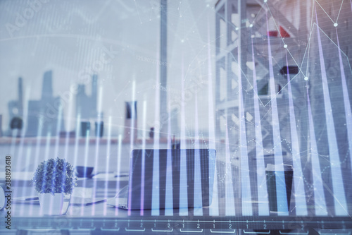 Double exposure of stock market graph drawing and office interior background. Concept of financial analysis.