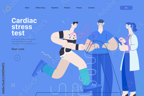 Medical tests template - cardiac stress test -modern flat vector concept digital illustration of stress test procedure -patient with sensors on treadmill and doctors carrying out procedure, laboratory