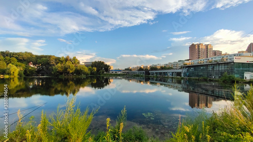 A park with pond in a city. Eco-friendly living in a city.