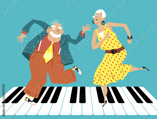 Cute cartoon senior couple dancing on piano keys, EPS 8 vector illustration
