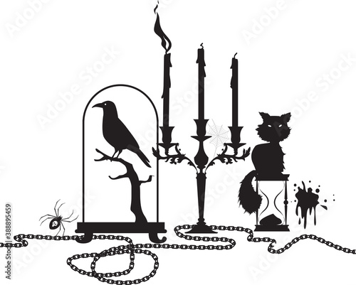 Halloween theme header design with a black cat, candles, taxidermy and candles, EPS 8 vector illustration, no white object