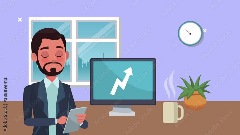 elegant successful businessman using tablet and desktop elegant successful businessman using tablet and desktop