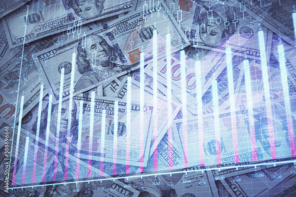 Fototapeta premium Double exposure of forex graph drawing over us dollars bill background. Concept of financial markets.