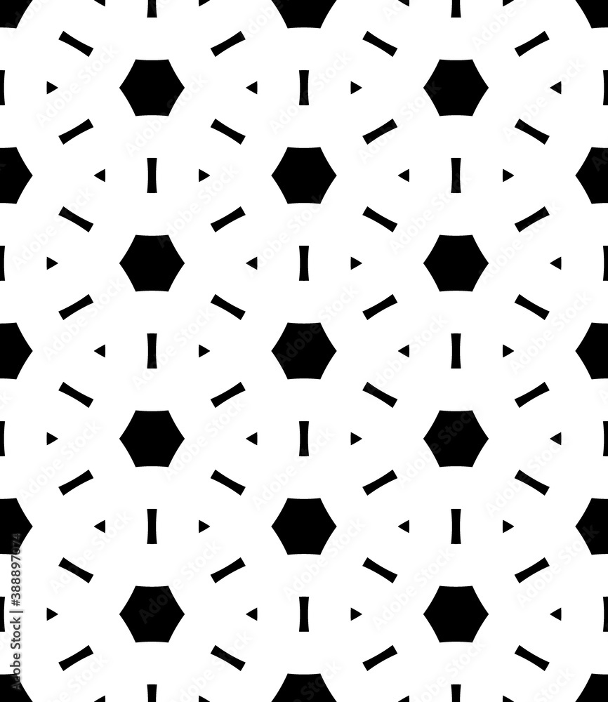 Seamless surface pattern design with ancient oriental ornament. Stylized triangles, quadrangles and hexagons. Repeated black figures on white background. Ethnic embroidery motif. Ornamental wallpaper. Seamless surface pattern design with ancient oriental ornament. Stylized triangles, quadrangles and hexagons. Repeated black figures on white background. Ethnic embroidery motif. Ornamental wallpaper.