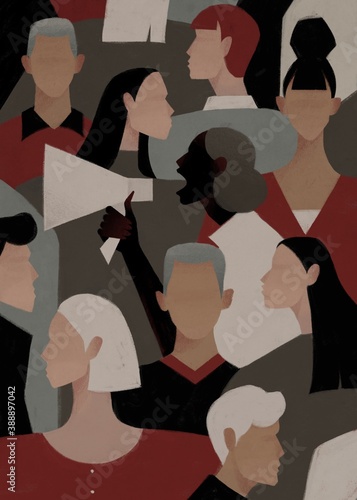 Black woman shouts in a megaphone in a crowd of white people. Black life matters concept