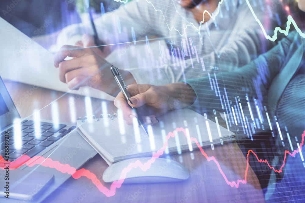 Double exposure of forex chart drawing over people taking notes background. Concept of financial analysis Double exposure of forex chart drawing over people taking notes background. Concept of financial analysis