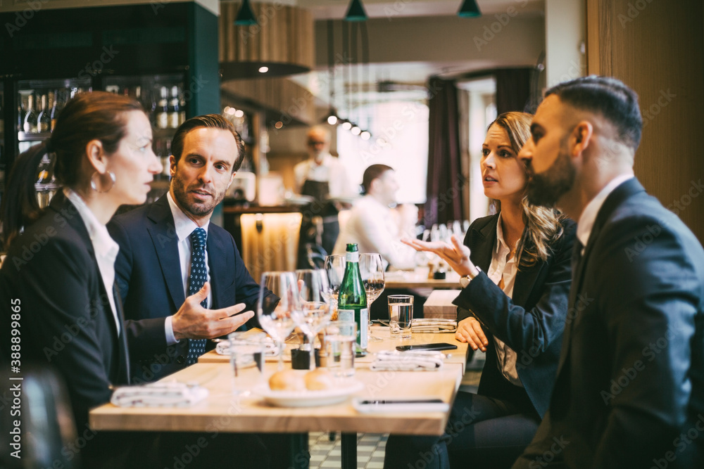 Male and female professionals talking while sitting for business lunch in restaurant Male and female professionals talking while sitting for business lunch in restaurant
