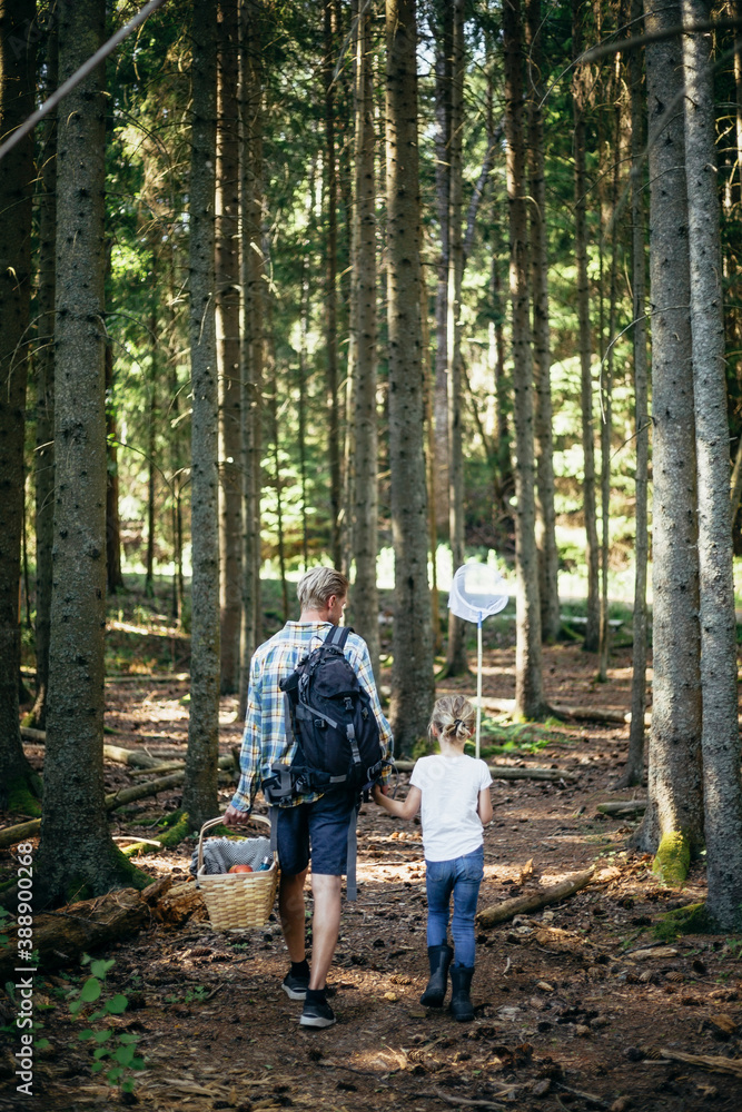 Rear view of father holding picnic basket while daughter with fishing net walking in forest Rear view of father holding picnic basket while daughter with fishing net walking in forest
