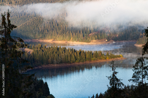 Fototapeta Naklejka Na Ścianę i Meble -  aerial view of mountain lake surrounded by fir trees