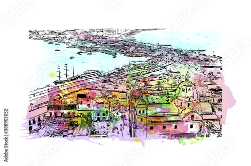 Building view with landmark of Cartagena is a port city on Colombia’s Caribbean coast. Watercolor splash with hand drawn sketch illustration in vector.