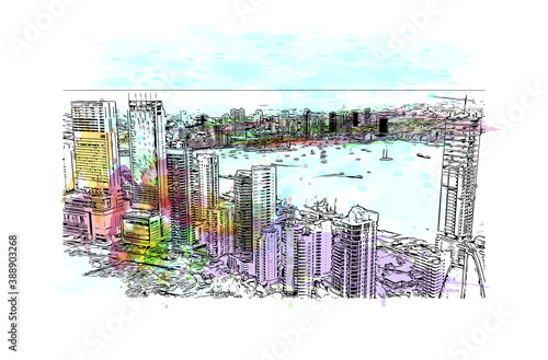 Building view with landmark of Cartagena is a port city on Colombia’s Caribbean coast. Watercolor splash with hand drawn sketch illustration in vector.