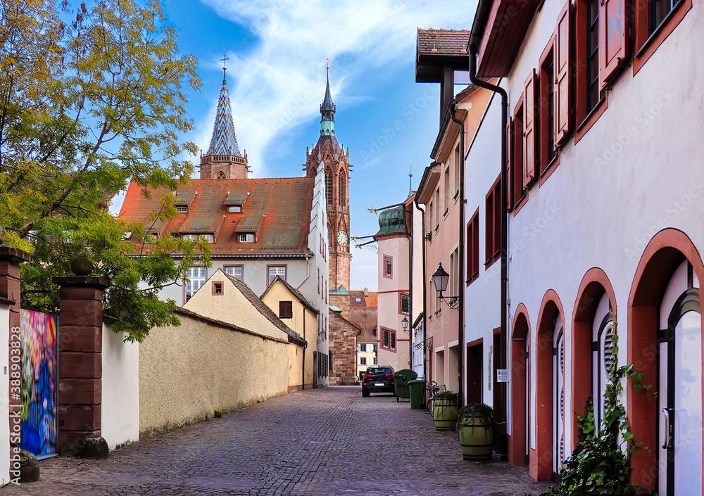 A narrow street in the medieval village Villingen-Schwenningen in Black Forest, Germany