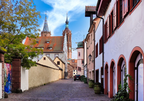 A narrow street in the medieval village Villingen-Schwenningen in Black Forest, Germany