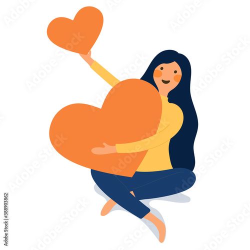Young woman hugs and holding few heart with love and care. Girl with long hair holds orange heart in her hands. Self care and body positive concept. flat vector illustration	