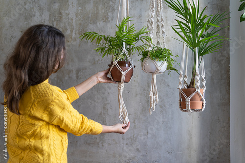 Fotografie Woman gardener holding macrame plant hanger with houseplant over grey wall