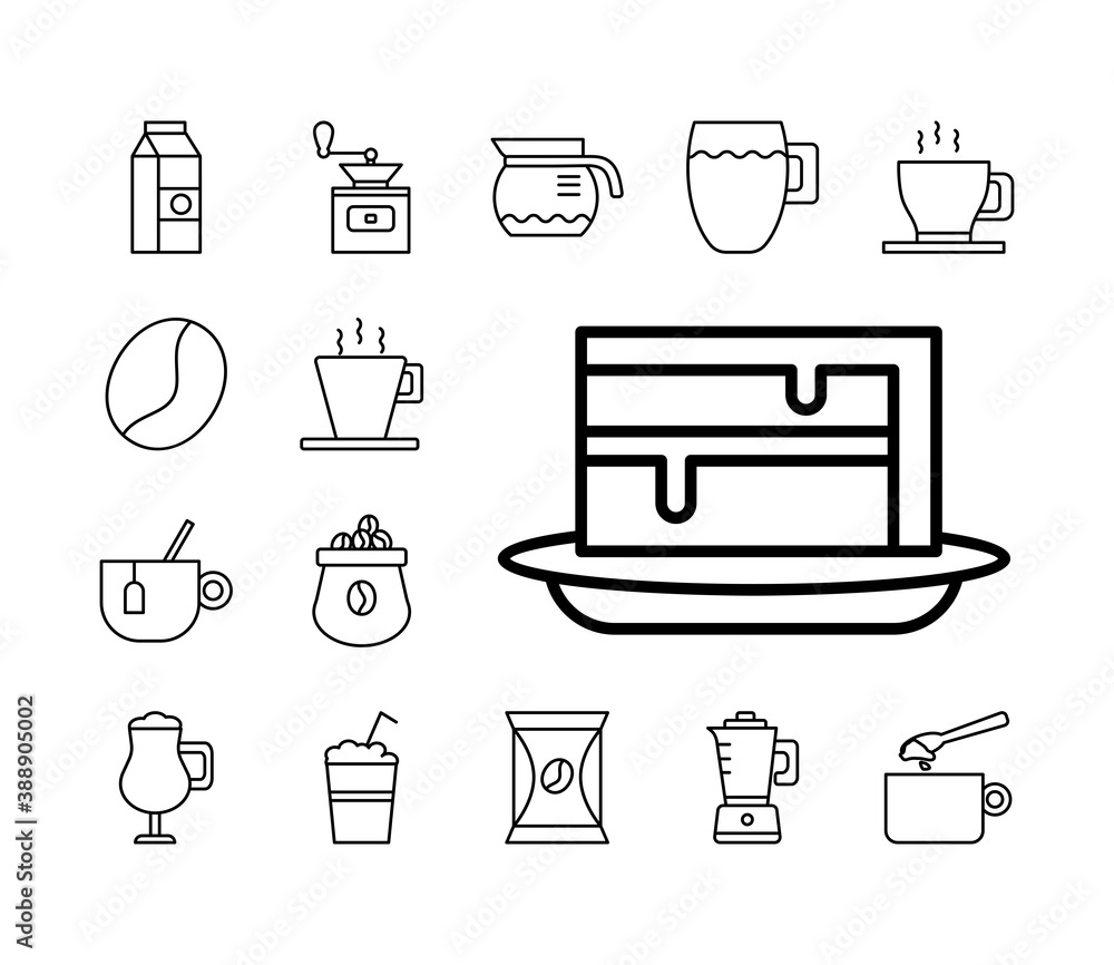 sweet cake with bundle of coffee set line style icons sweet cake with bundle of coffee set line style icons