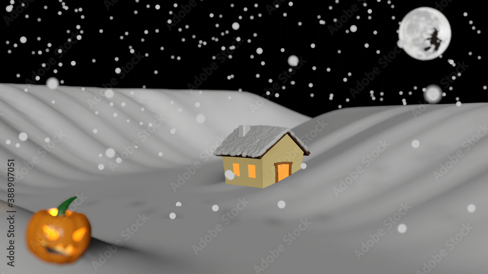 Fototapeta premium A wooden cottage in a snowy hill at Halloween night time