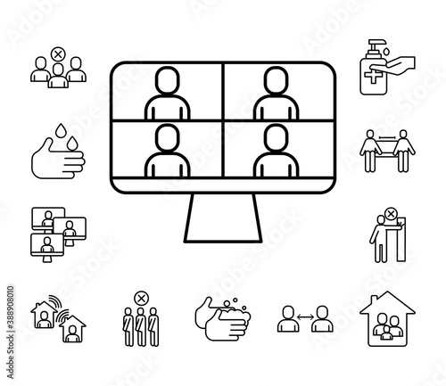 people in teleconference with desktop and bundle line style icons
