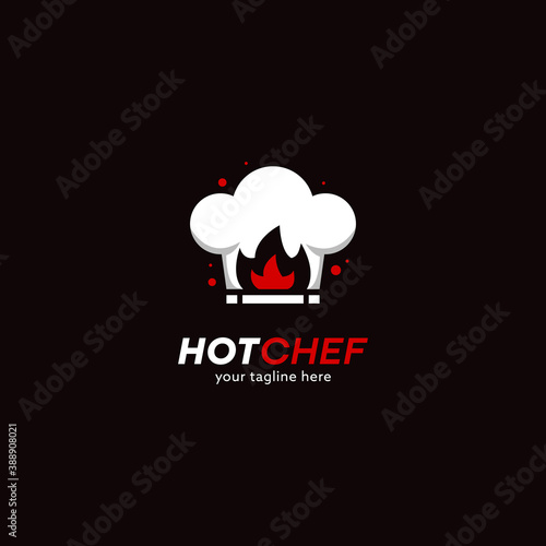 Hot chef hat logo with red fire flame icon illustration vector logo for restaurant, bistro, culinary, catering kitchen business