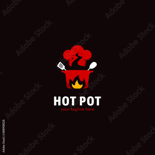 Hot pot kitchen catering restaurant culinary logo icon symbol with cooking utensil spatula vector illustration logo template