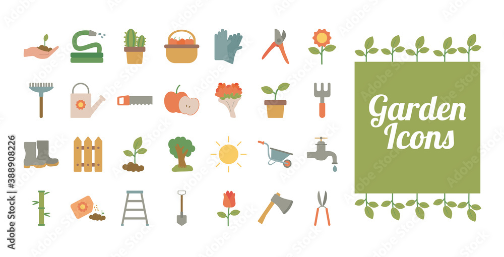 lettering with bundle of gardening tools flat style icons lettering with bundle of gardening tools flat style icons